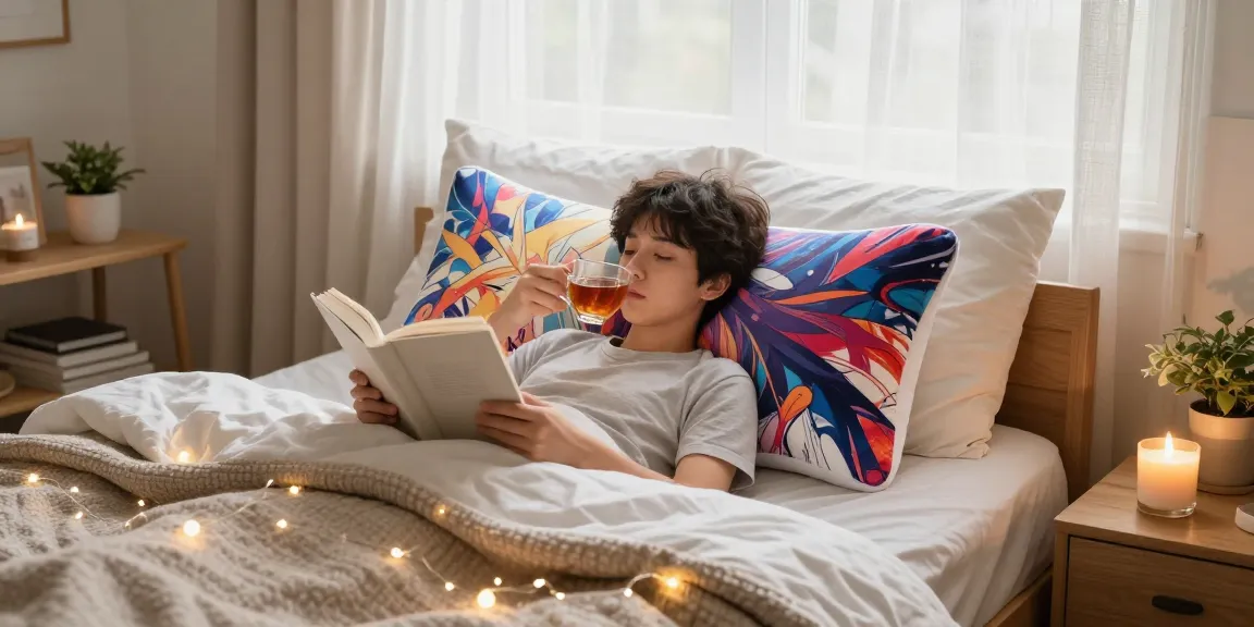 Custom body pillow adorned with vibrant anime art in a cozy bedroom setting.