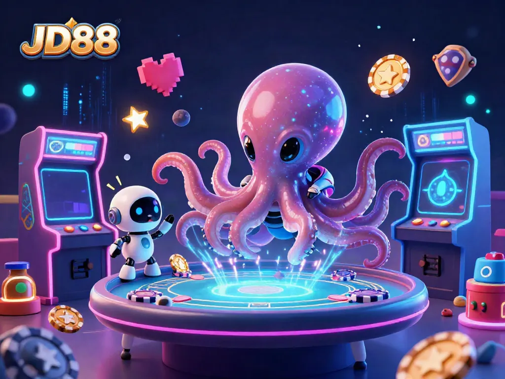 Engage in JD88's vibrant gaming world with an alien octopus at a holographic poker table, surrounded by dynamic arcade elements.