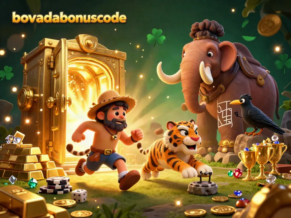 Engage with bovadabonuscode at this exciting prehistoric casino scene featuring unique characters and vibrant treasures.