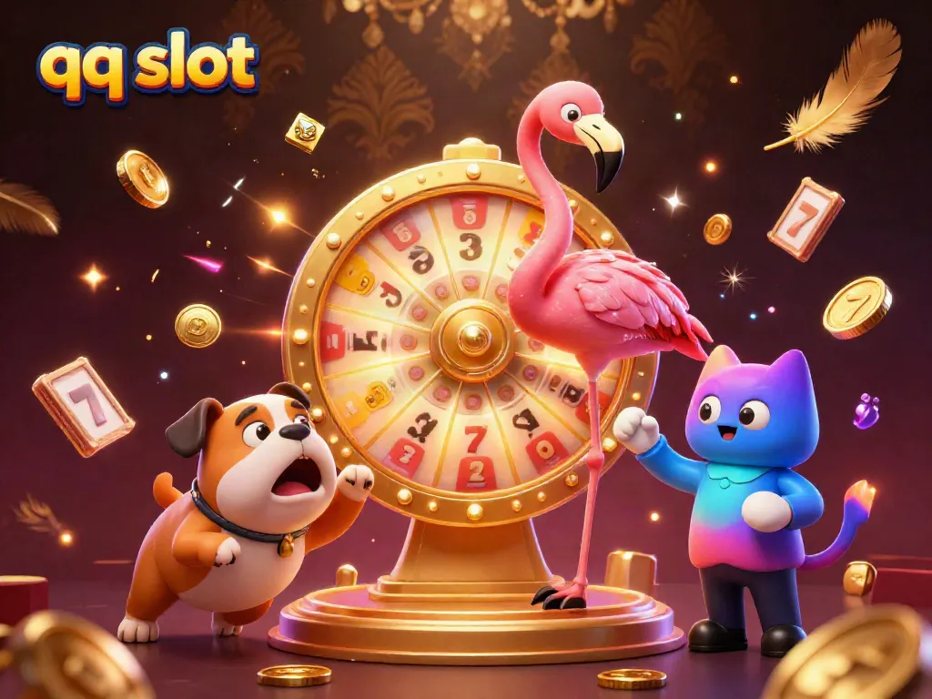 Spinning the qq slot prize wheel with a flamingo host, excited bulldog contestant, and prize scoreboard in an engaging casino setting.