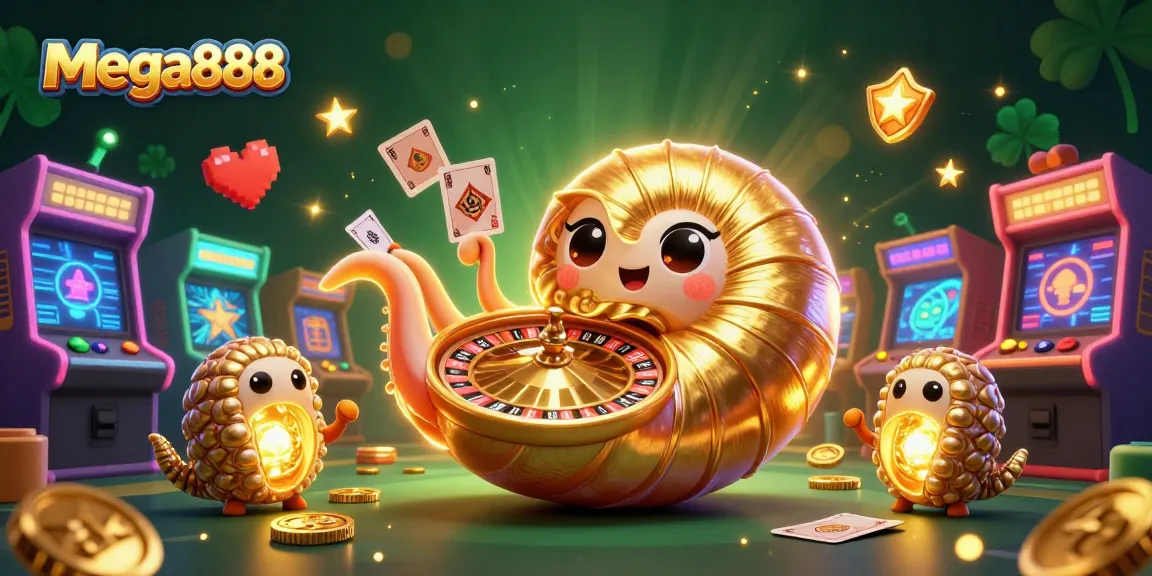 Experience mega888 thrills with a colorful casino scene featuring a giant nautilus and glowing arcade elements.