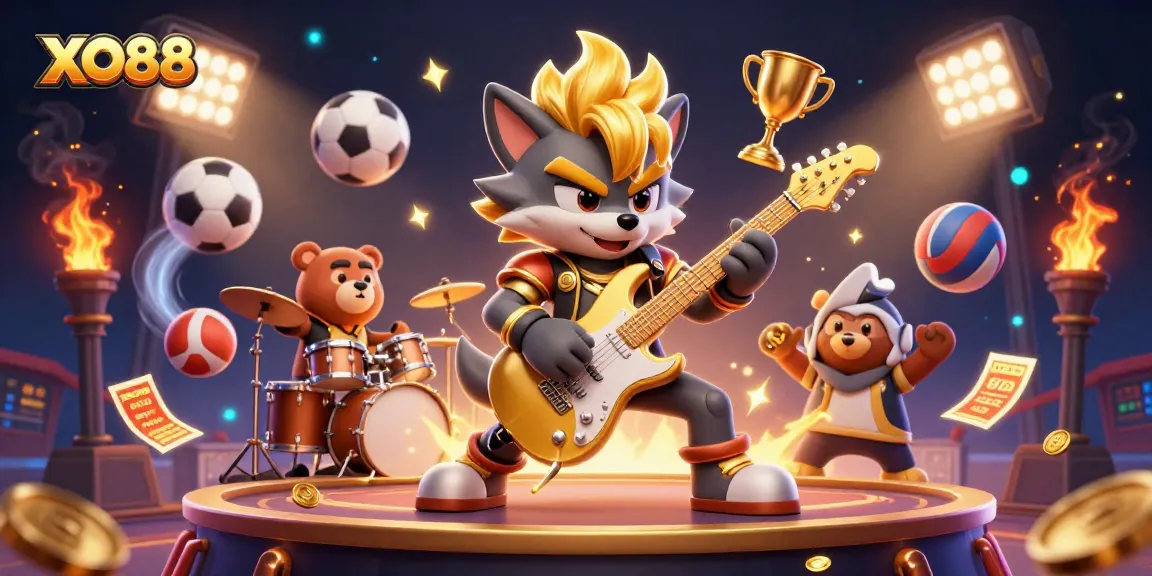 Experience thrilling action with XO88 at an electrifying casino stage featuring dynamic characters and sports elements.