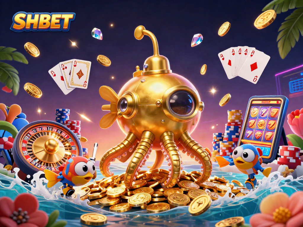 Experience thrilling gaming with SHBET's vibrant, action-packed casino scene featuring a golden kraken and coins.