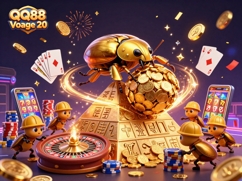 Experience the excitement of QQ88 Voyage 20 with colossal golden beetles rolling treasure amid casino symbols.