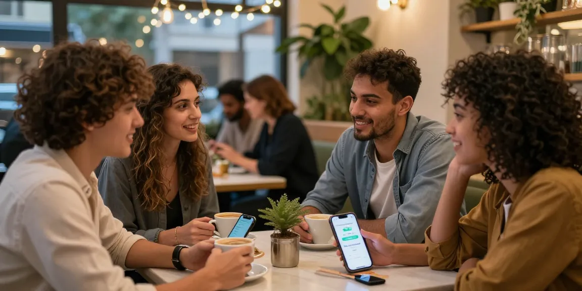 A diverse group of singles engages in lively conversation over coffee while exploring the HundRoses dating app in a cozy café.