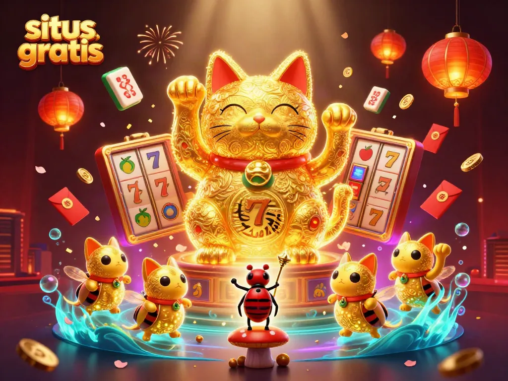 Experience the thrill of situs slot gratis with a dynamic illustration of a lucky cat and casino symbols.