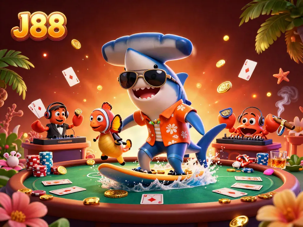 Experience thrilling moments at J88 with a colorful underwater casino scene featuring dynamic characters and poker elements.