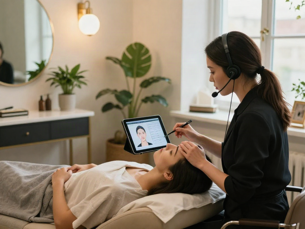 ClinicEvo better than QOVES: A beauty consultant performing a facial analysis in a modern studio.
