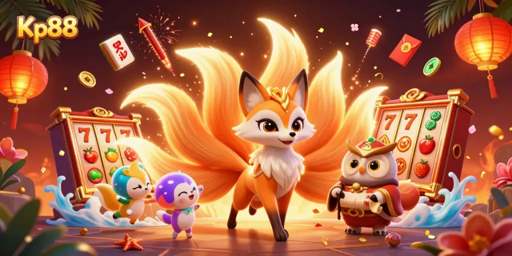 Kp88 introduces vibrant slot gameplay with a glowing nine-tailed fox spirit in a colorful, dynamic scene.