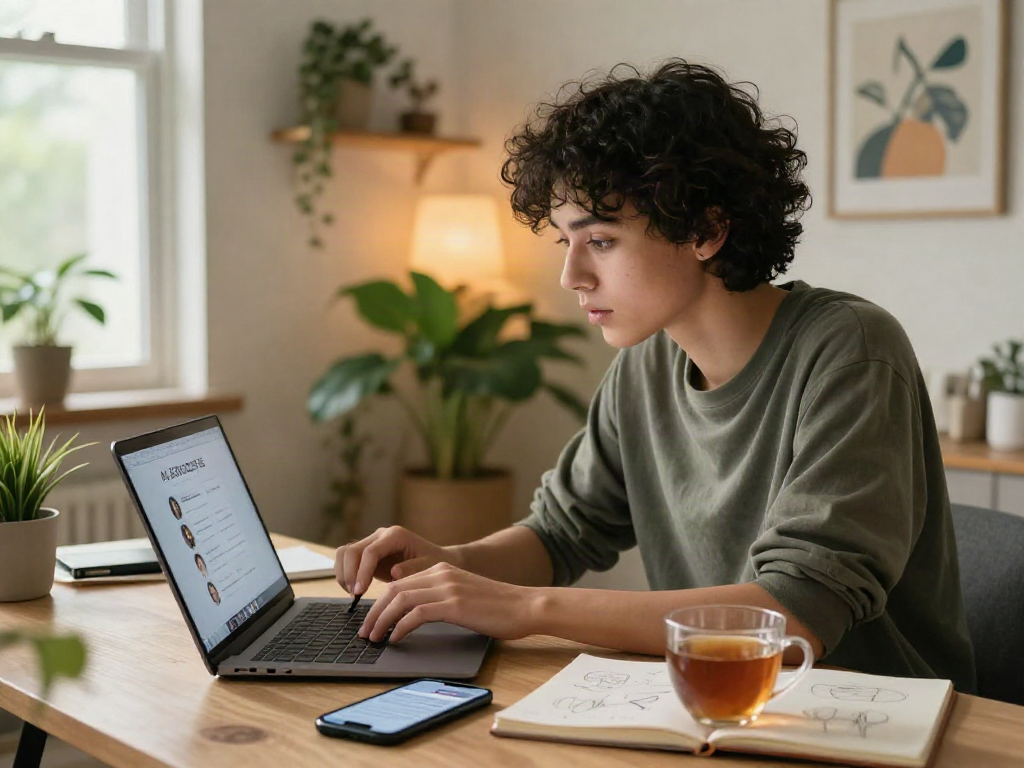Taking an attractiveness test online in a cozy home office setting for self-reflection and beauty insights.