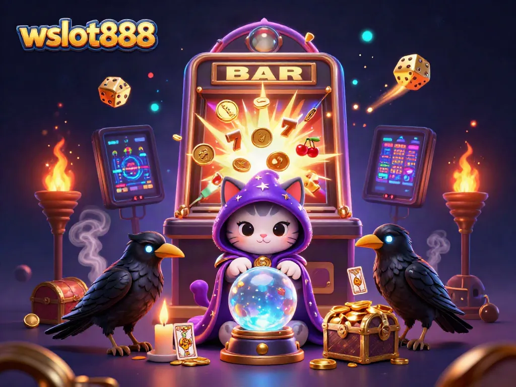 Memainkan wslot888, menggambarkan kucing mistik dan burung gagak dengan permainan slot yang megah.