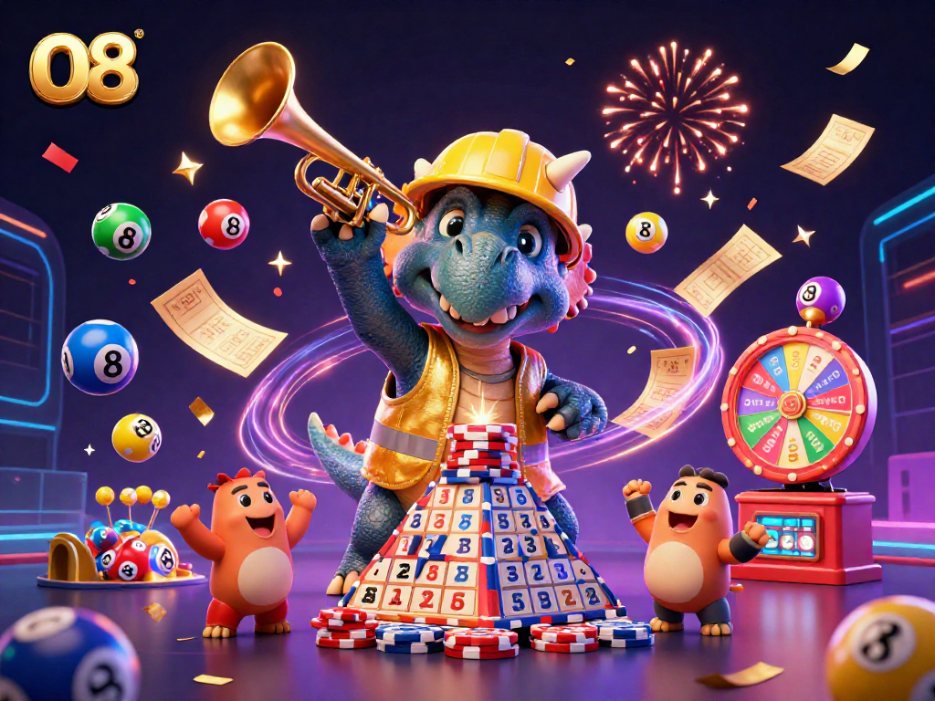 Experience the vibrant world of O8 with a celebratory scene of gaming action featuring cheering characters and dynamic elements.