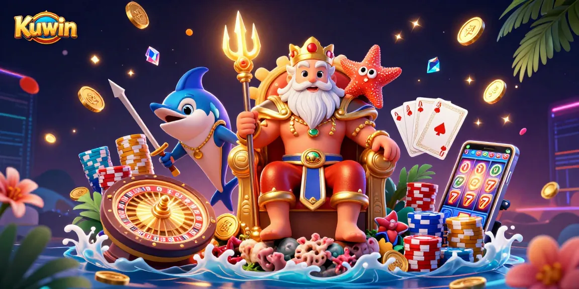 Experience thrilling gaming with Kuwin's vibrant casino scene featuring Neptune and treasure-filled excitement.