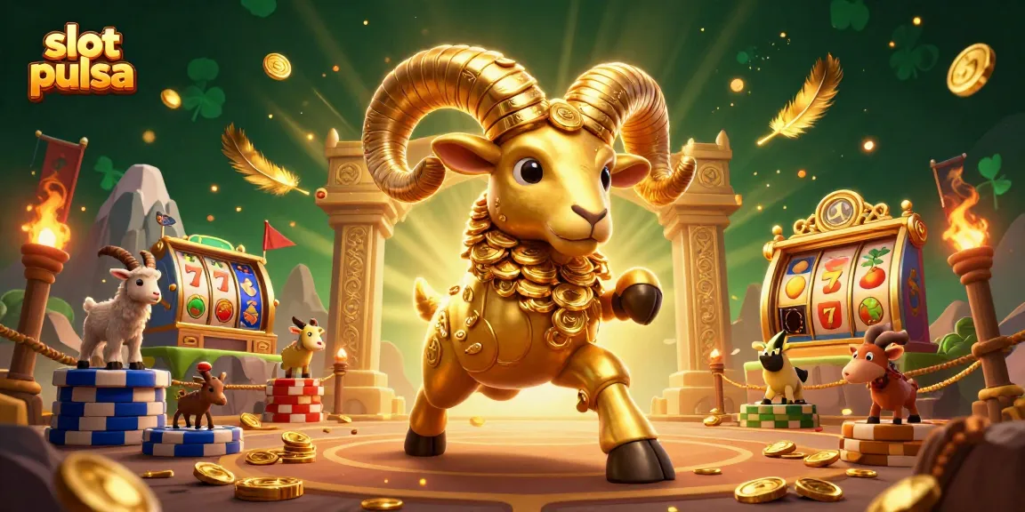 Engage in slot pulsa action with a golden ram amidst vibrant casino elements.