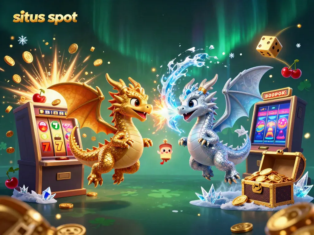 Gambarkan permainan situs slot dengan naga terbang dan mesin slot, menampilkan efek jackpot yang berkilauan.