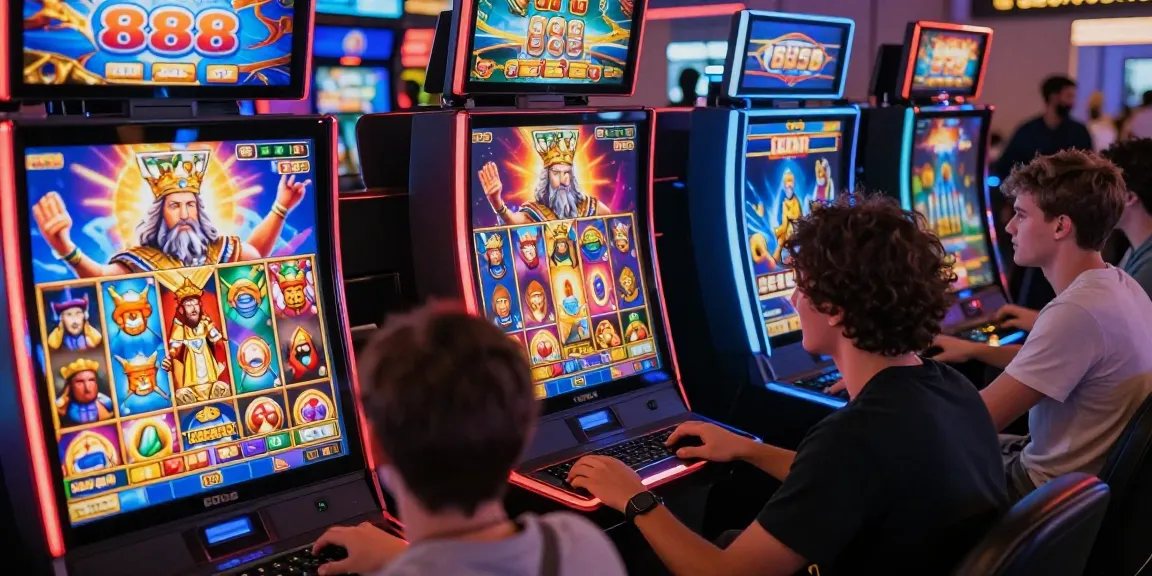 Players enjoying 888 slot games in a vibrant online casino atmosphere, showcasing exciting ancient Greek mythology themes.