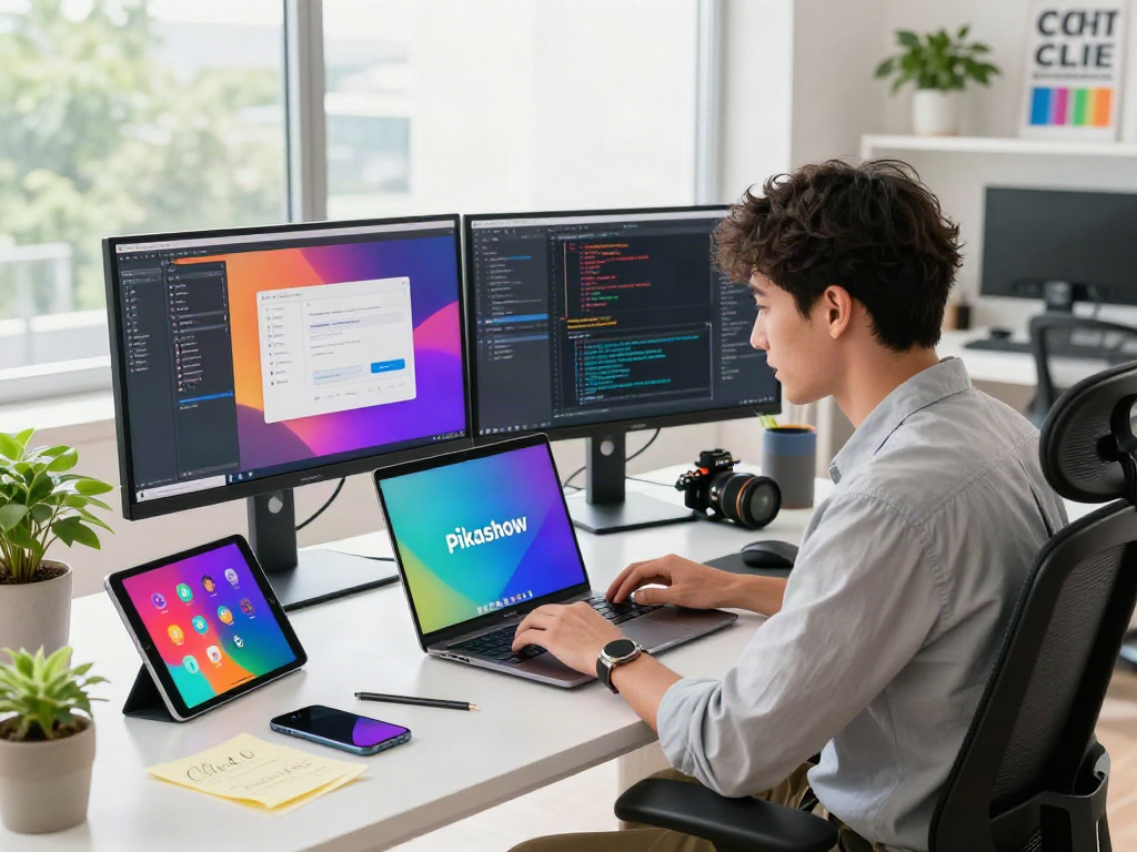 Pikashow APK displayed on a laptop in a vibrant tech workspace.