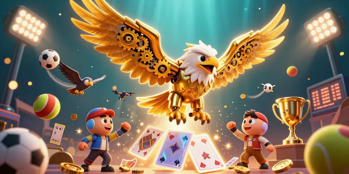 DEBET engages players with a dynamic scene of sports betting elements and a cybernetic eagle.