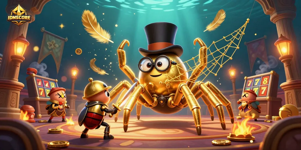 Experience the thrill of IDNSCORE featuring a golden tarantula weaving luck with fluttering moth spectators in a lively casino scene.