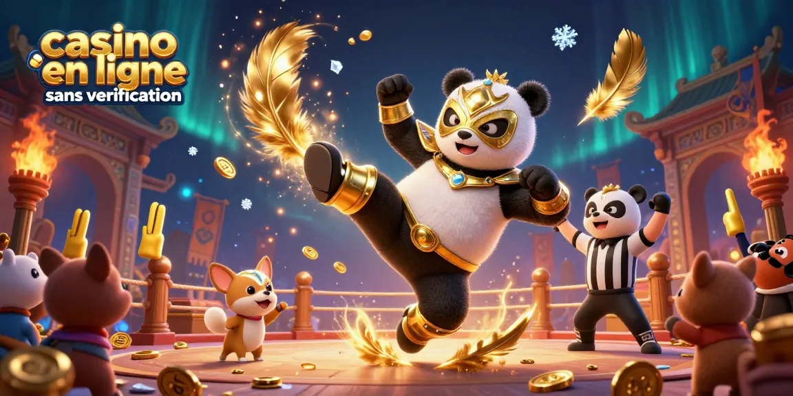 Animation dynamique de panda en lutte, représentant un casino en ligne sans vérification au milieu de feux d'artifice et de pièces d'or.