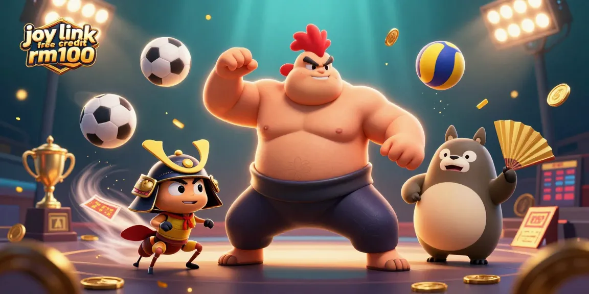 Engage with joy link free credit rm100 in a vibrant casino scene featuring dynamic sports elements and colorful characters.