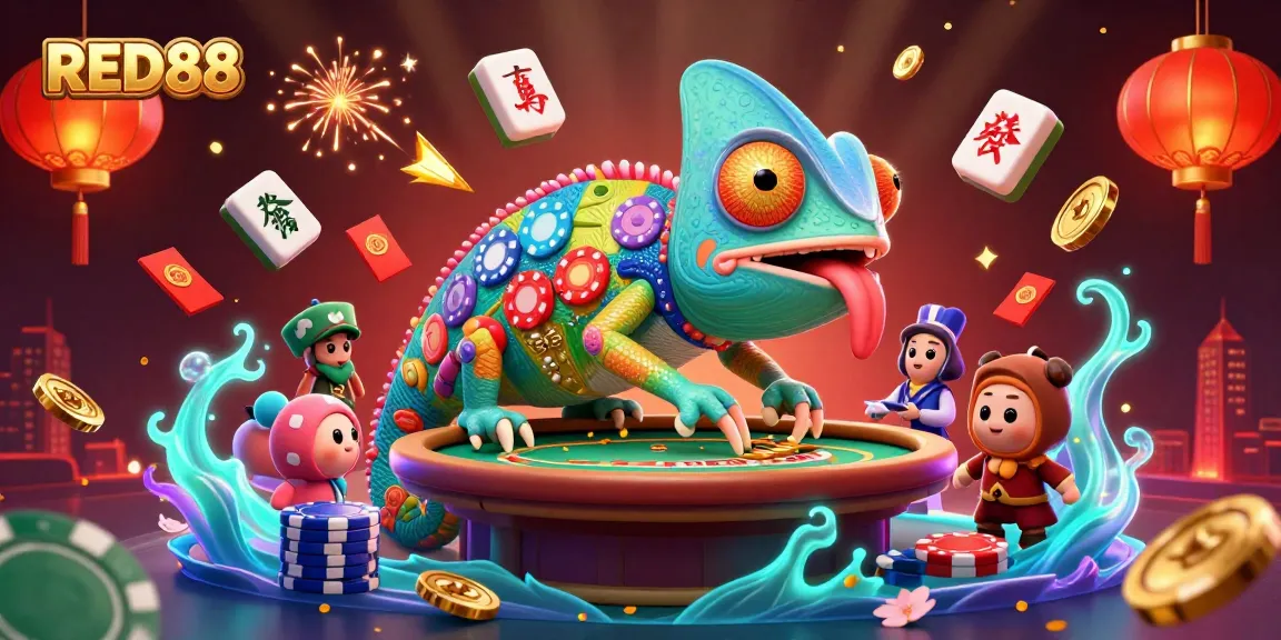 Engage with RED88, where a chameleon owner captures golden coins and offers vibrant gaming excitement.