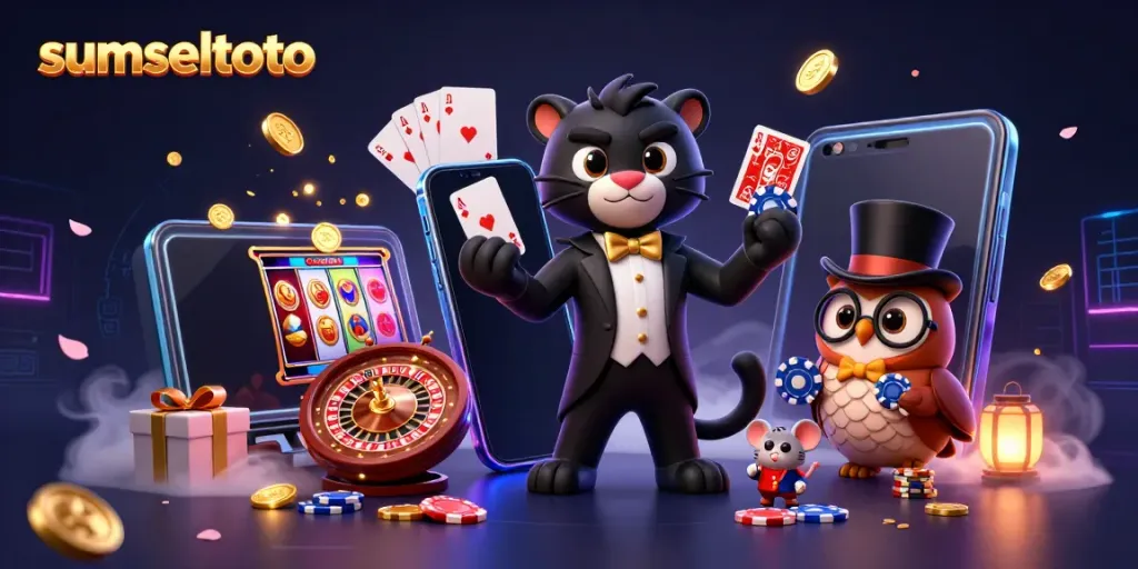 Sumseltoto players enjoying a vibrant 3D casino scene with a tuxedo panther and lucky characters.