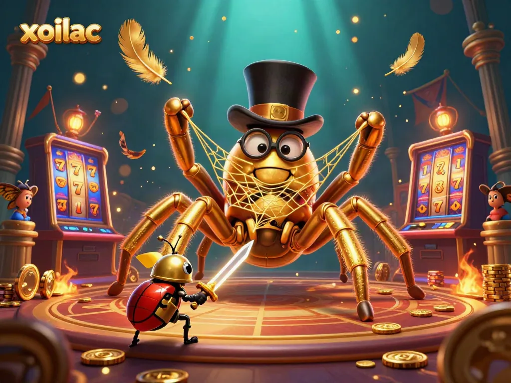Xoilac game scene featuring a golden tarantula and beetle knight amid vibrant casino elements.