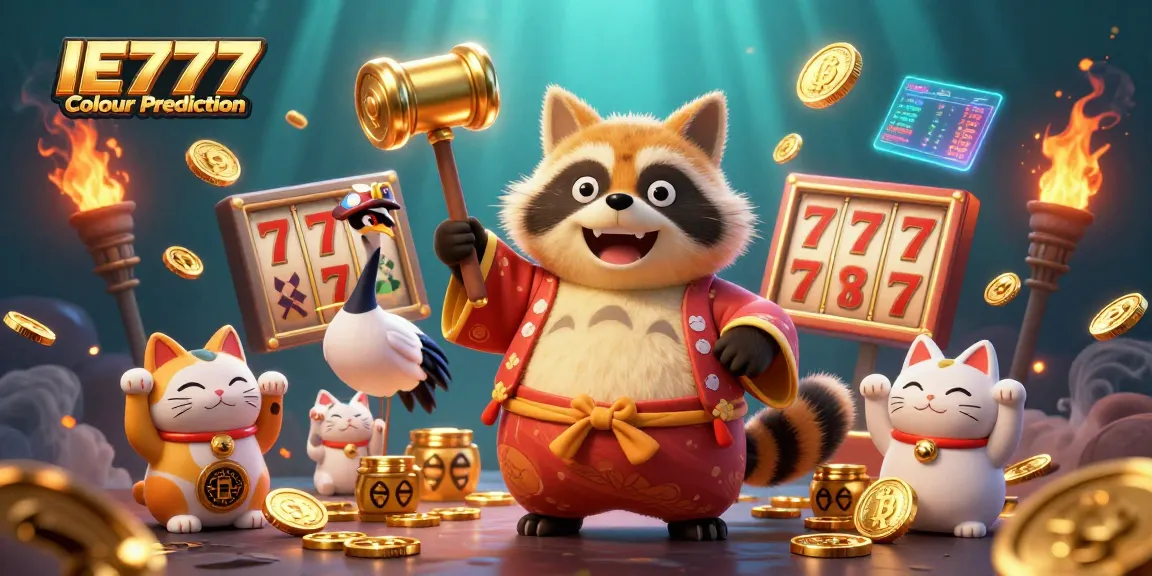 Experience IE777 Colour Prediction with a vibrant cartoon scene featuring engaging characters and slot game elements.