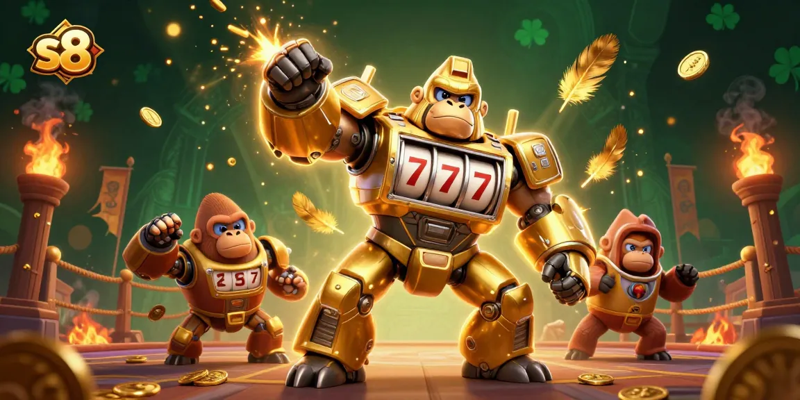 s8's golden gorilla mech breaks coins while surrounded by vibrant casino elements in a rich 3D scene.