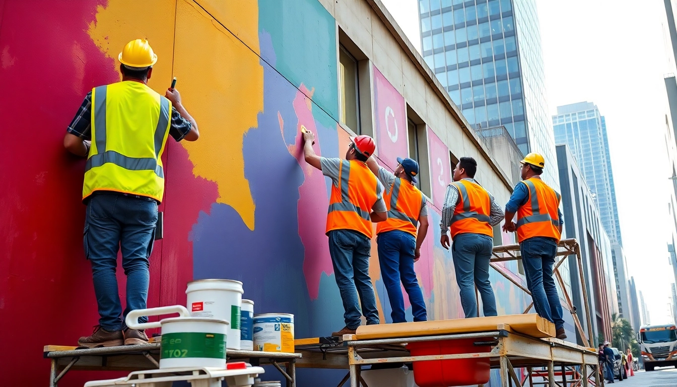 Team painting a commercial building showcasing vibrant colors to enhance urban aesthetics.