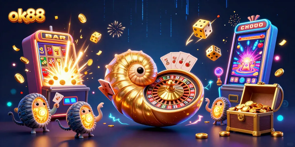 ok88 showcases a thrilling casino scene with a nautilus roulette wheel and jackpot slot machine effects.
