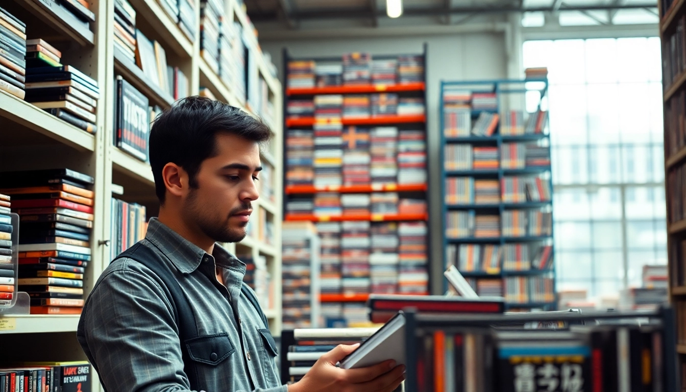 Efficient DVD distributor organizing inventory in a vibrant, modern warehouse setting.