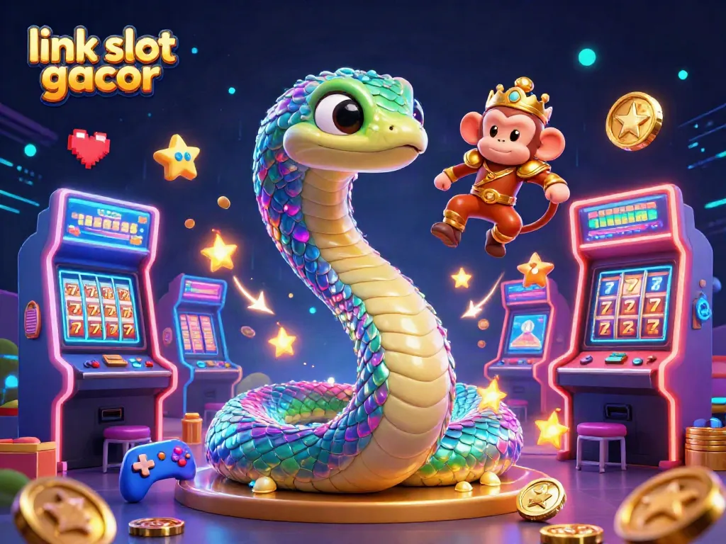 Menangkan peluang di link slot gacor dengan ilustrasi 3D karakter kasino yang mencolok dan slot yang berkilauan.