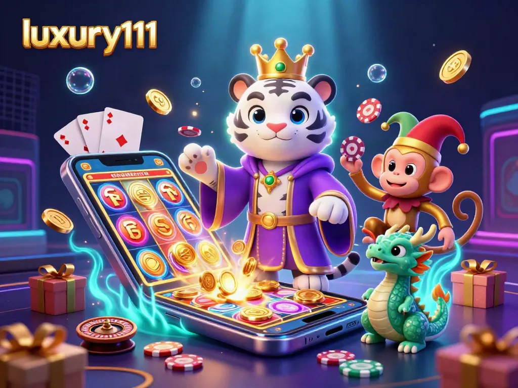 Experience excitement with luxury111 as a playful golden monkey juggles chips amidst vibrant gaming elements.