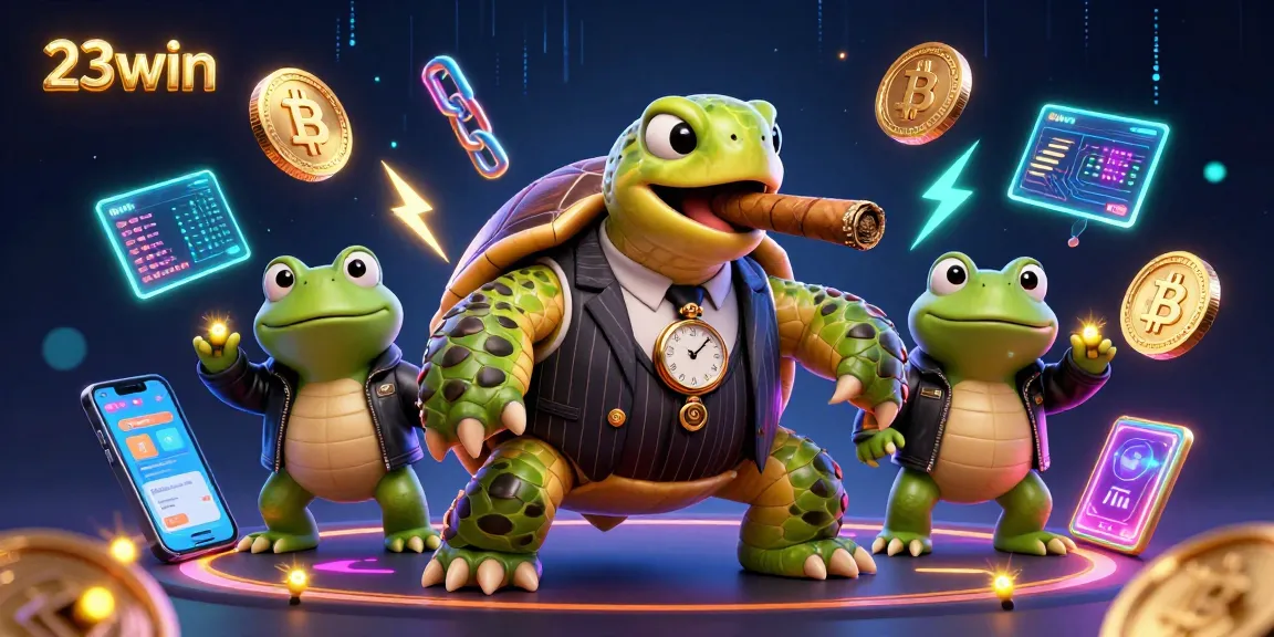 Engage with 23win's dynamic casino scene featuring a mobster turtle, crypto coins, and vibrant lights.