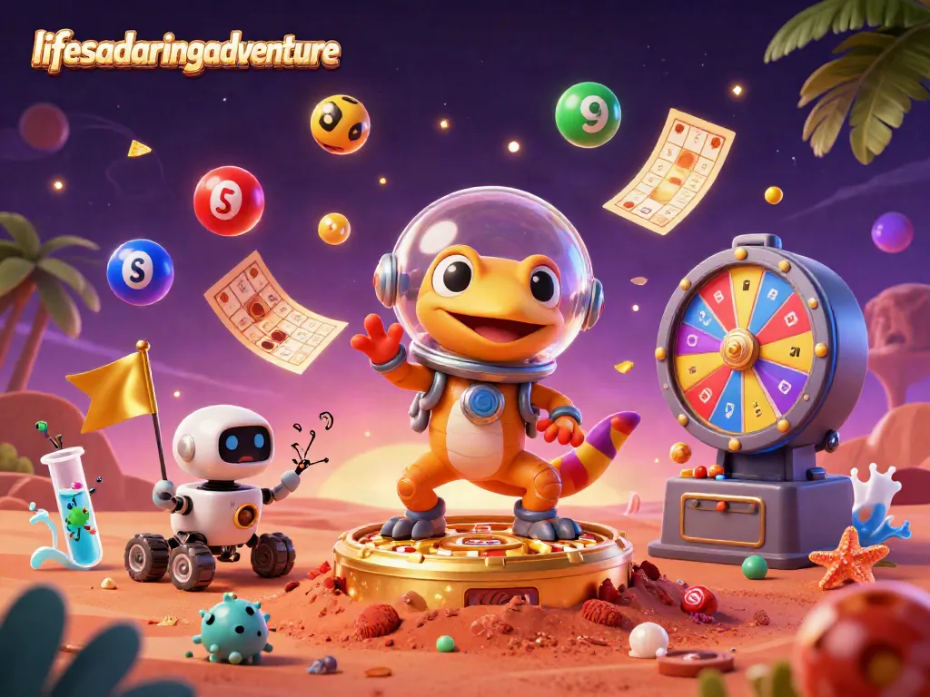 Experience lifesadaringadventure with vibrant lottery and casino elements featuring a Martian gecko discovering treasures.