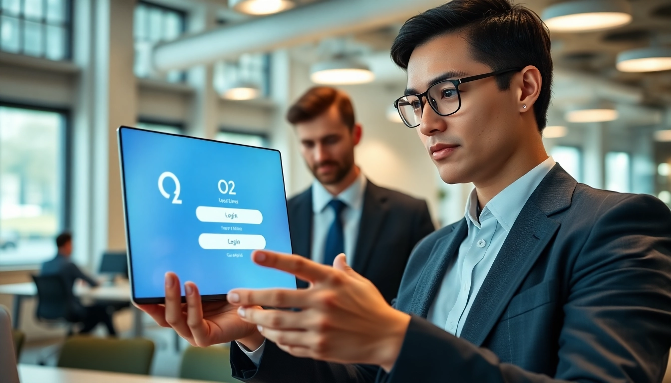 Access the business O2 login on a modern interface in a professional office setting.