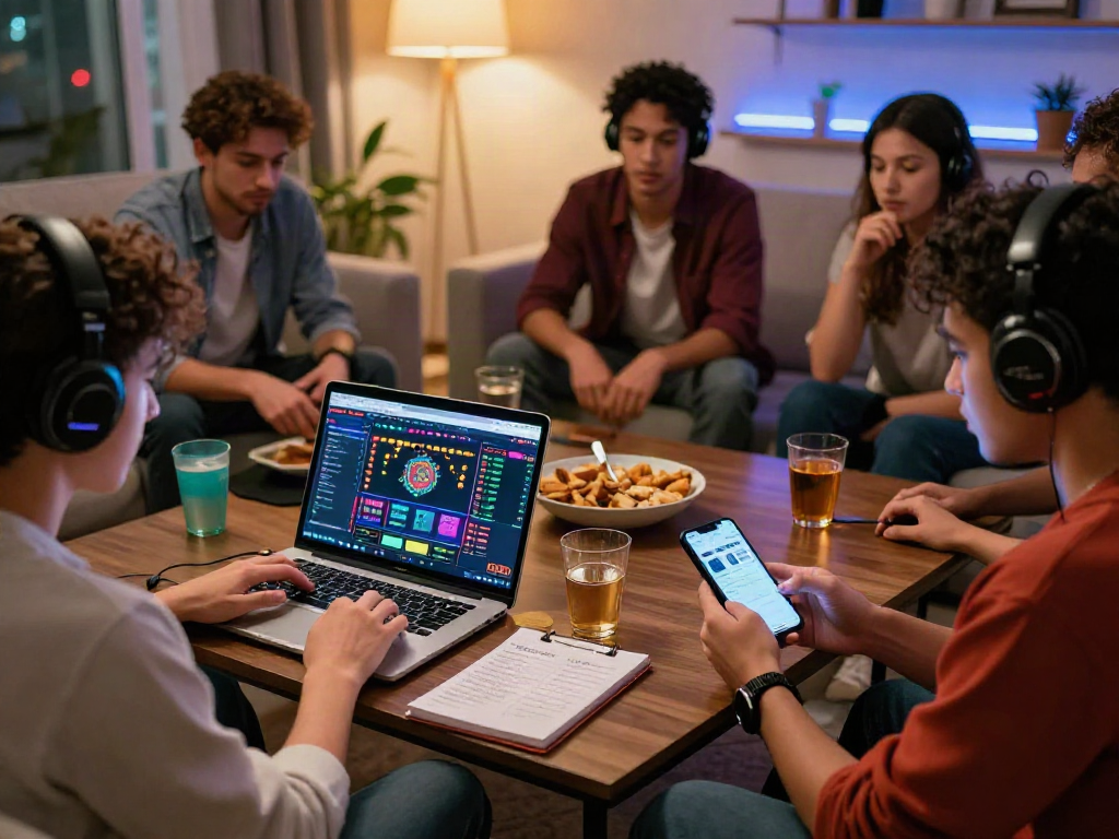 Engaging scene of players focused on 먹튀검증 during an online gambling session in a cozy living room.