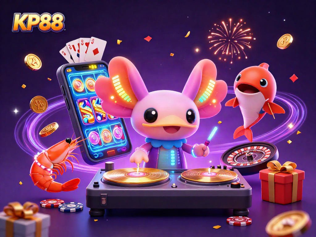 Engage with KP88's thrilling casino experience featuring an animated DJ and vibrant characters.