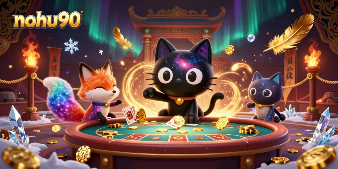 Experience nohu90's thrilling casino adventure with a cosmic black hole cat captivating gold chips.