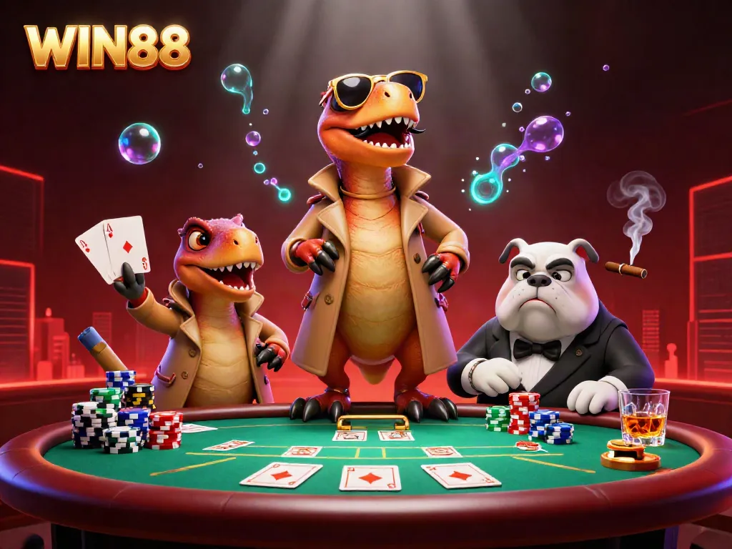 Experience WIN88 excitement with raptors in a trench coat at a VIP casino lounge