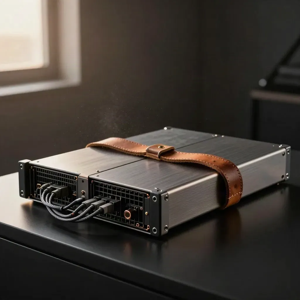 Weathered rack server chassis with backup module, cables, and leather strap on a dark studio plinth.