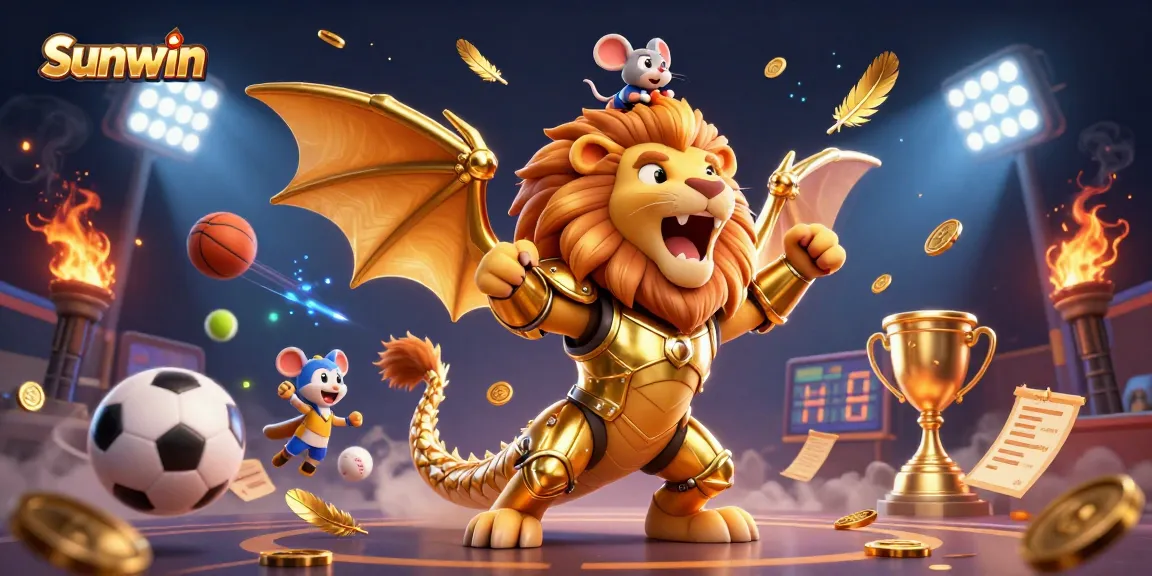 Engage with Sunwin's triumphant gaming spirit featuring a lion-headed chimera, sports elements, and golden treasures.