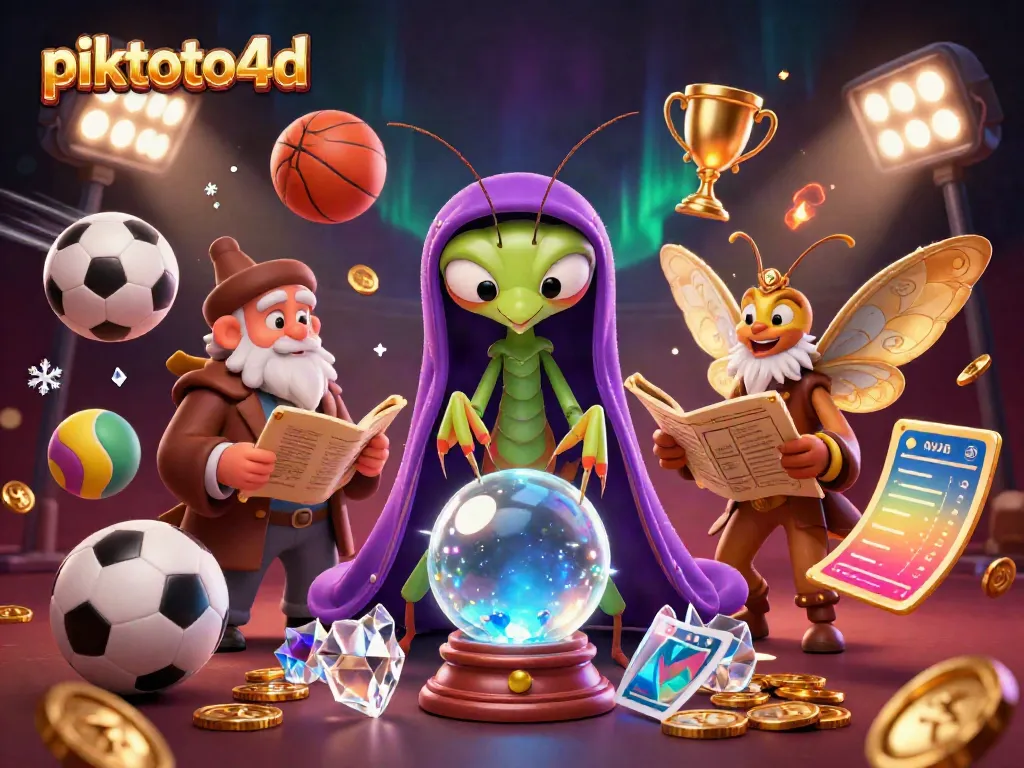 Experience the enchanting piktoto4d gaming realm with a mystical illustration of fortune tellers and sports elements.