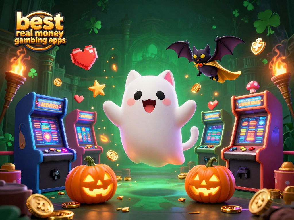 The best real money gambling apps illustrated with a friendly ghost cat and vampire bat in a vibrant casino.
