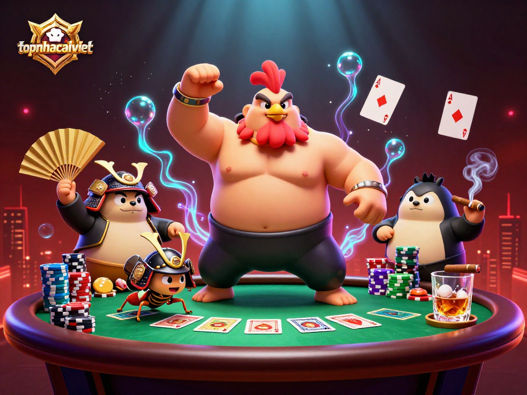 Engage in thrilling gameplay at topnhacaiviet with powerful sumo and samurai characters in a vibrant casino setting.