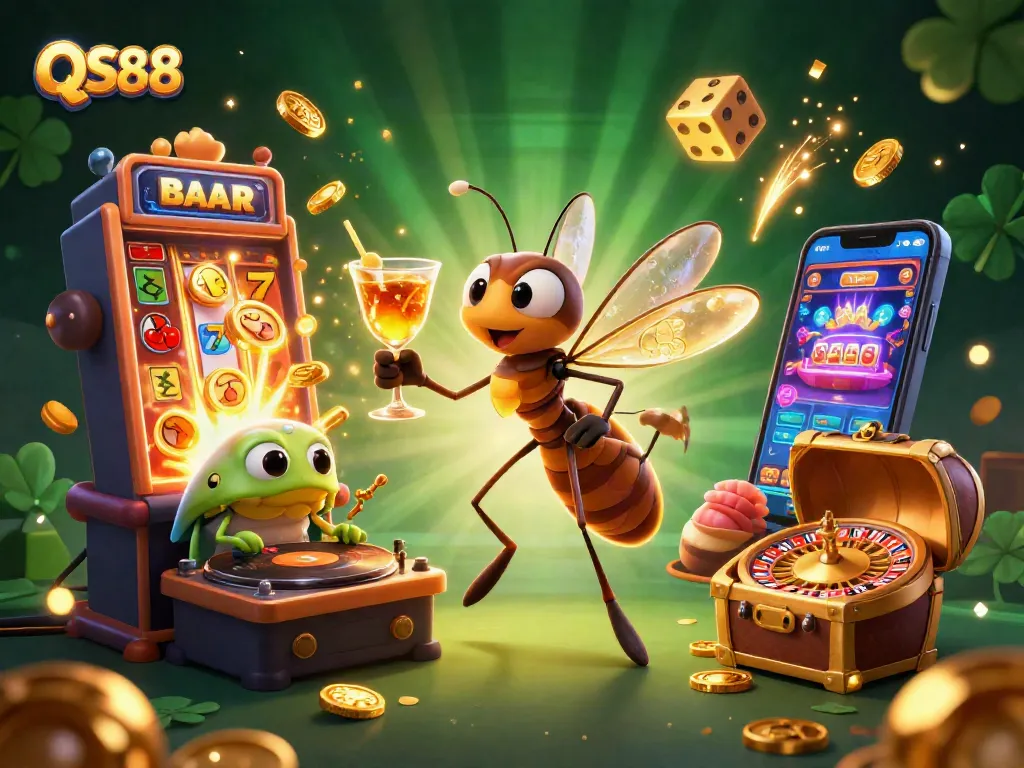Experience QS88 with vibrant casino gaming and golden jackpots in an ultra-detailed 3D scene.