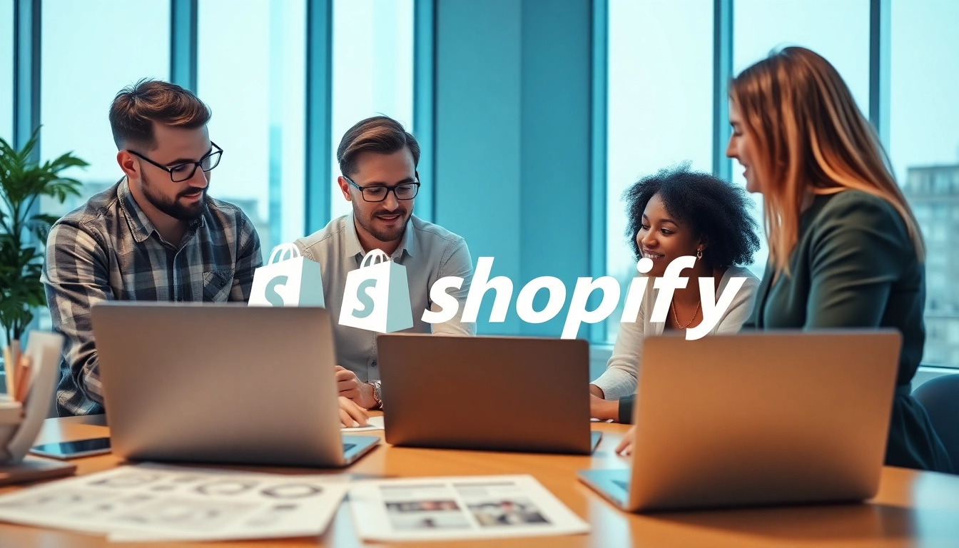 Creating a strategy with a premium Shopify agency team in a bright, modern office.
