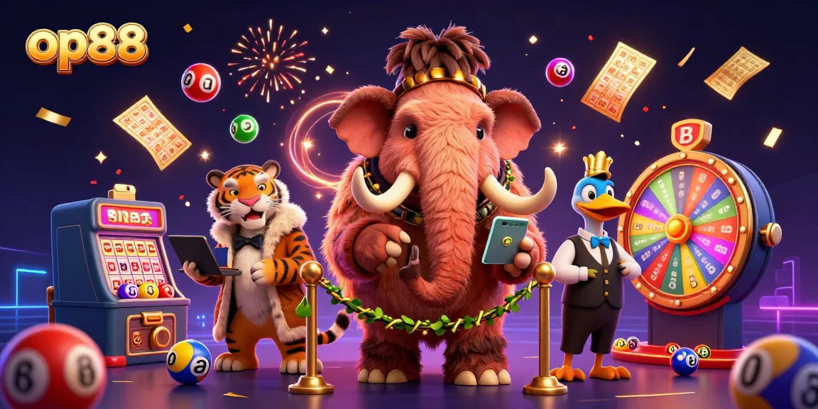 Experience the excitement at op88 with vibrant characters and dynamic lottery elements in a casino setting.